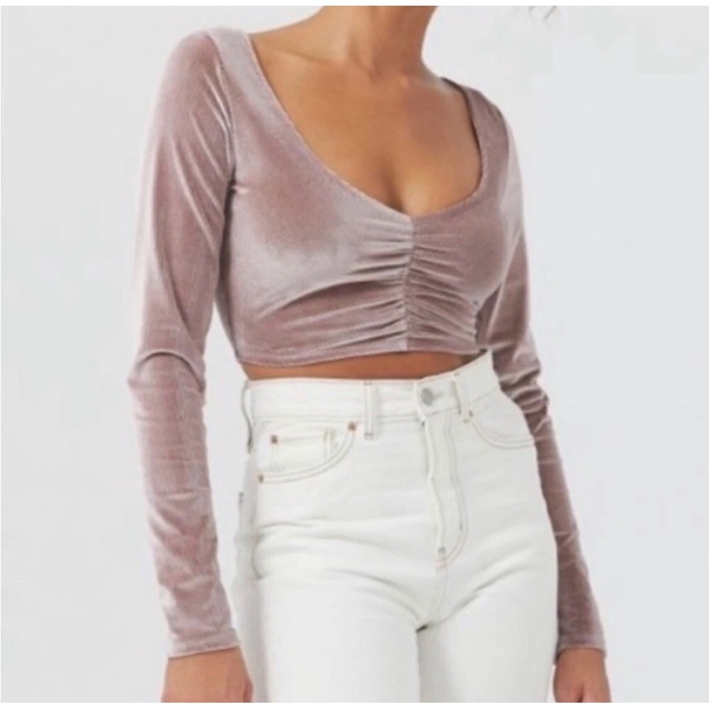 Urban Outfitters Pink Mauve Velvet Ruched Cropped Long Sleeve Top Women's Size M